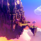 An isometric castle in Tunic floats in the clouds while the sun sets beneath it.